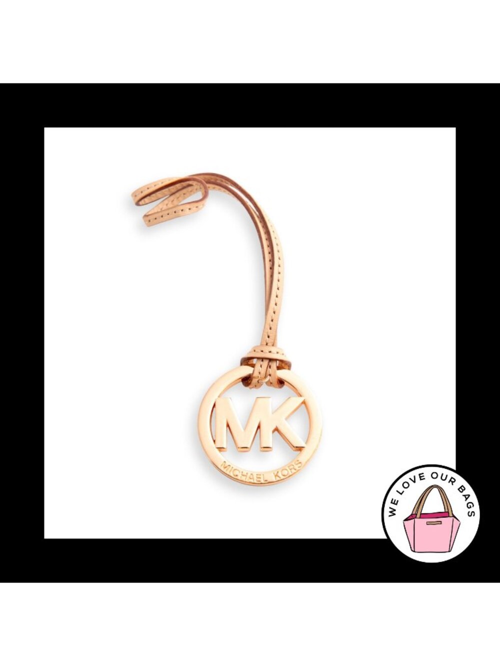 MICHAEL KORS Rose Gold Tan Natural Leather Strap Bag Charm Hang Tag Keychain Fob